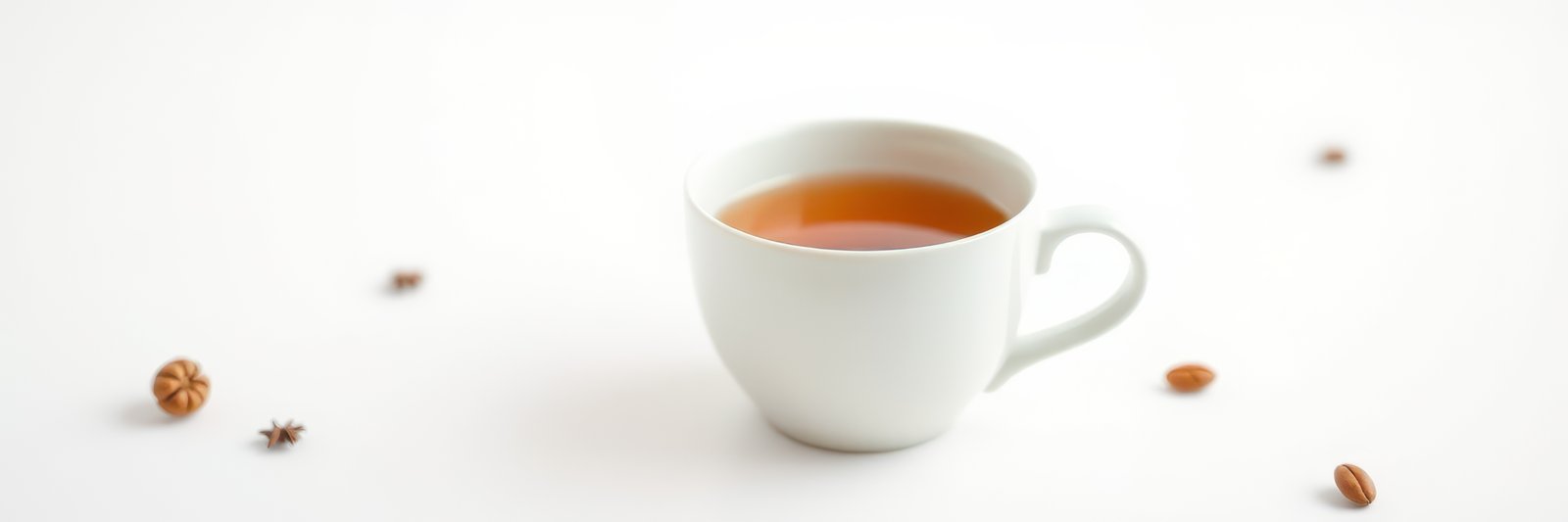 Warm cup of spiced tea sitting on a simple white table with scattered spices nearby